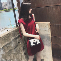 2019夏装韩版显瘦露肩纯色度假裙短袖t恤女小个子吊带网红连衣裙