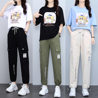 少女孩休闲运动套装夏装初中学生韩版宽松短袖t恤工装长裤两件套