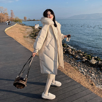 米白色羽绒服女2022年冬季新款连帽中长款加厚面包服韩版宽松外套
