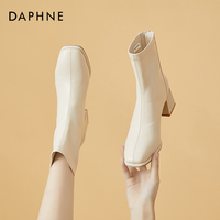 达芙妮法式小短靴及踝靴粗跟秋季瘦瘦靴子白色高跟鞋秋冬加绒女鞋