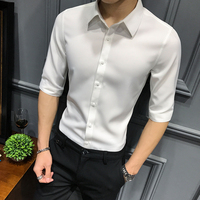 韩版夏季2019新款商务七分短袖衬衣白色修身痞帅五分中袖衬衫男士