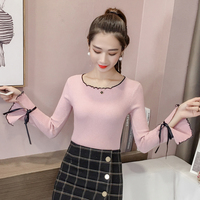 长袖t恤女外穿秋天2018韩版套头喇叭袖修身针织打底衫上衣服短款