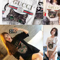 Gucci/古奇猫咪经典18情侣新款短袖T恤男女复古字母logo圆领纯棉