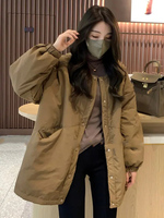 糖果色韩版棉衣女棉服圆领设计感2022冬中长款夹棉加厚羽绒棉外套