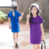 童装女童夏季新款韩版时尚连衣裙中长款中大童潮流短袖T恤长裙衫