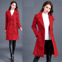 冬季小清新加厚毛呢大衣女中长款韩版修身流行红色赫本风呢子外套