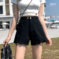 牛仔短裤女夏季薄款2023新款黑色破洞高腰超显瘦阔腿宽松a字热裤