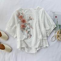 法国小众刺绣立体花朵衬衫女设计感前短后长短袖洋气超仙白色上衣