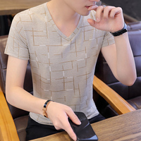 男士短袖t恤冰丝V领潮流夏季新款半袖体恤男装韩版青年修身上衣服