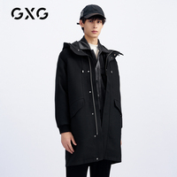 【羊毛】GXG男装商场同款黑色连帽长款毛呢大衣男士潮外套冬季