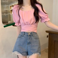 夏季女法式独特别致粉色方领短袖小众小衬衫后背蝴蝶结系带短上衣