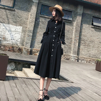 气质长裙2018春装女装新款韩版黑色连衣裙收腰系带显瘦赫本小黑裙