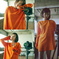 IU李智恩明星同款新橘色超长袖宽松字母印花圆领打底衫上衣T恤女
