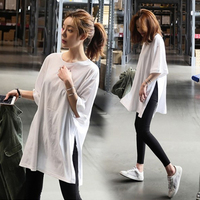 2018夏季韩版白色中长款T恤女纯棉圆领短袖新款大码开叉宽松上衣