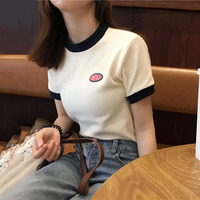夏季韩版复古撞色印花短袖T恤女装百搭修身短款打底上衣学生上装