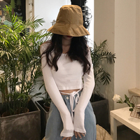 简约韩风chic修身长袖T恤女春装2019系带高腰露脐短上衣纯色体恤