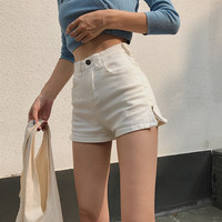 夏季女装时尚复古高腰修身弹力显瘦A字侧拉链牛仔短裤阔腿裤热裤