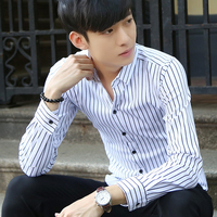 春季青少年韩版长袖衬衫男潮流条纹休闲衬衣时尚商务男装免烫上衣