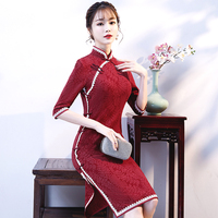 中长款红色旗袍女春季2018新款老上海改良少女复古旗袍连衣裙中袖