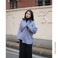 韩版金属扣宽松条纹衬衫女长袖不对称设计chic港味慵懒风复古衬衣