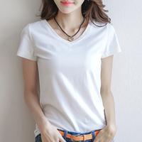 2018新款韩版棉质白色V领短袖T恤女夏季修身打底衫简约韩范体恤