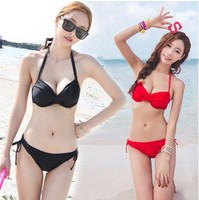 新款韩国bikini纯色大小胸钢托聚拢比坚尼性感显瘦女温泉黑色泳衣