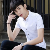 夏季短袖衬衫男士韩版修身潮流青少年学生格子休闲衬衣男半袖寸衫