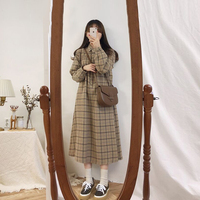 秋装2019年新款韩版法式复古Polo领长袖连衣裙女裙子中长款格子裙