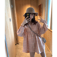 胖子王老板粉色格子衬衫女2019春心机设计感上衣中长款宽松衬衣裙