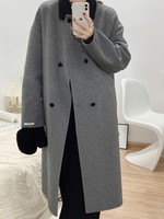 反季秋冬韩版双面羊绒大衣女中长款小个子灰色拼接宽松羊毛呢外套