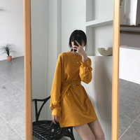 2019夏季新款韩版chic纯色长袖系带收腰显示裙子连衣裙T恤上衣女