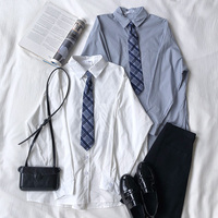 RENA学院少女穿搭 简约宽松中长款宽松显瘦长袖衬衫搭配格子领带