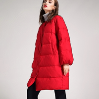 羽绒服2018冬季新款女装 红色加厚白鸭绒中长款时尚简约面包服潮