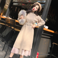 针织连衣裙女秋冬季韩版2018新款毛衣中长款套装裙子加外搭两件套