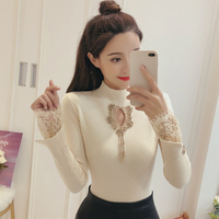 2018秋装新款韩版镂空钉珠针织衫女长袖半高领上衣修身打底衫毛衣