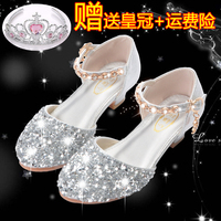 女童凉鞋新款韩版儿童时尚包头水晶鞋亮片银色表演小孩高跟公主鞋