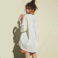 特价！日系时尚品牌Muru@圆领后身绑带宽松版型全棉短袖女T恤