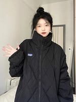 冬季棉服女22新款韩版宽松菱形格学生加厚棒球服棉袄ins百搭外套