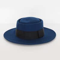 韩国进口帽子正品代购秋冬新款ins复古英式蓝色毛呢平顶大檐礼帽