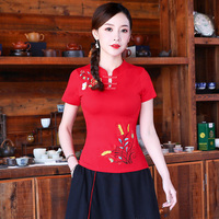夏季民族风女装上衣刺绣短袖t恤女纯棉修身大码中国风复古打底衫