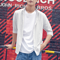 韩风条纹短袖衬衫男士青年衬衣韩版潮流夏季新款7分袖薄款半袖寸