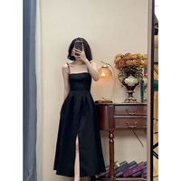 法式高级感黑色吊带连衣裙2022新款女装夏款赫本风收腰开叉长裙