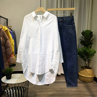 大韩子家休闲白衬衫女秋装2018新款长袖女上衣中长款宽松白衬衣