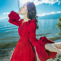 云南民族风女装复古红裙子泸沽湖适合秋天旅行衣服女旅游度假长裙
