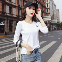 白色长袖t恤女2018秋季新款纯色修身韩版体恤打底衫时尚情侣刺绣