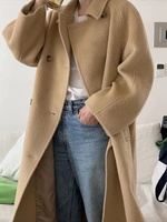 韩国代购mone中长款毛呢驼色大衣23年新款复古高级感双面羊绒外套