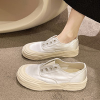 小白鞋女秋季高级感设计复古小香风帆布板鞋一脚蹬厚底增高溶解鞋