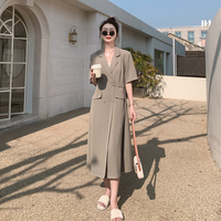 2022年夏季新款韩版收腰显瘦茶歇裙小个子法式复古西装领连衣裙潮