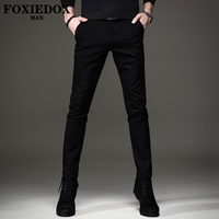 FOXIEDOX品牌黑色牛仔裤男春秋修身小脚弹力加绒高端休闲长裤子男