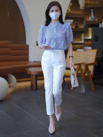 夏日高级感职业套装女夏装圆领短袖条纹衬衫白色九分西装裤两件套